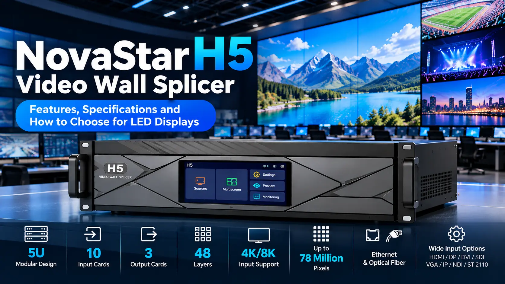 جهاز ربط جدار الفيديو NovaStar H5 لشاشات LED بتصميم وحدات 5U و48 طبقة ودعم إدخال 4K/8K